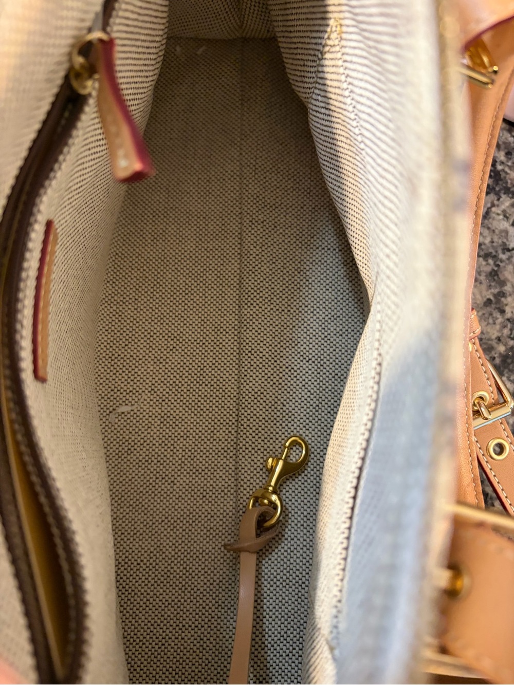Dooney & Bourke Monogram Satchel with Tan Trim and Navy Logos - Picture 4 of 11